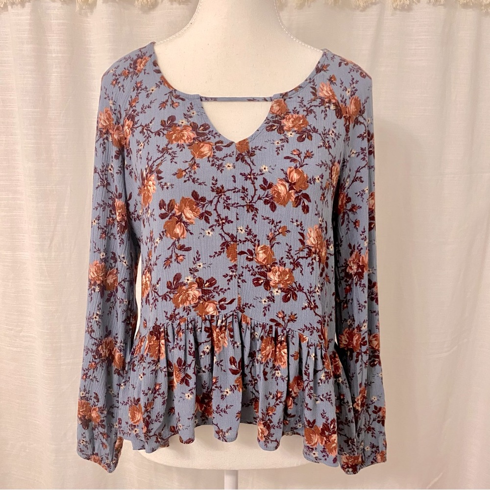 American Eagle Outfitters Long Sleeve Rose Floral Peplum Blouse